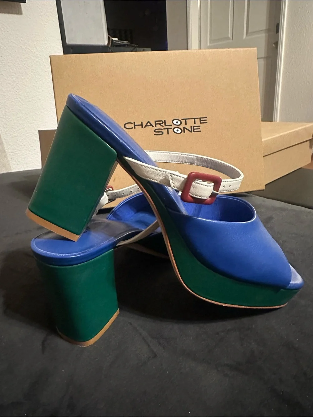 Charlotte Stone Babette size 9 Blue and Green Platform Sandals with Ivory Strap